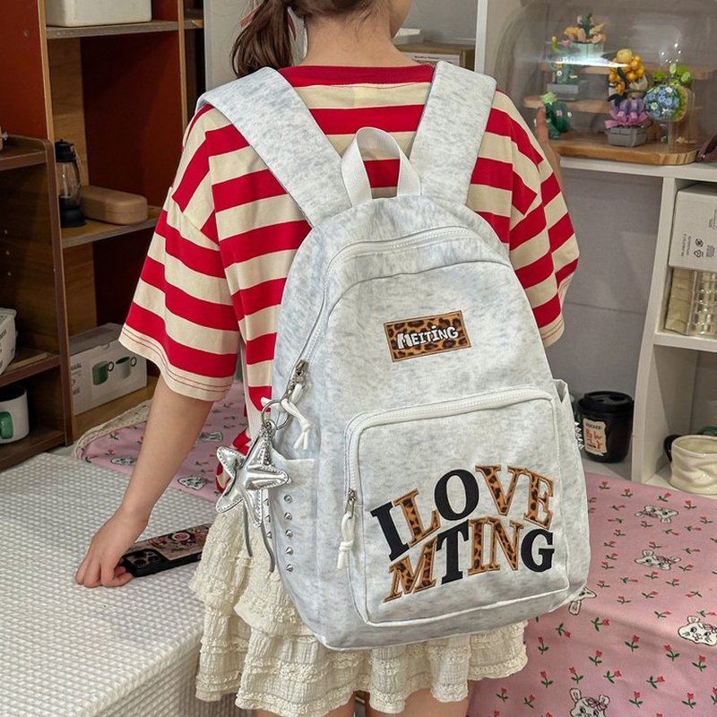 School Backpack Teen - 여성용 Y2K 그레이 백팩, 레오파드 레터